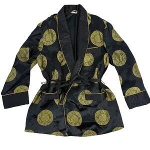 Vintage 70's Chinese Kimono Gold Medallion Smoking Jacket Robe Quilted Trim